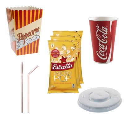 Biopaket mellan Popcorn smör, Cola bägare m.m